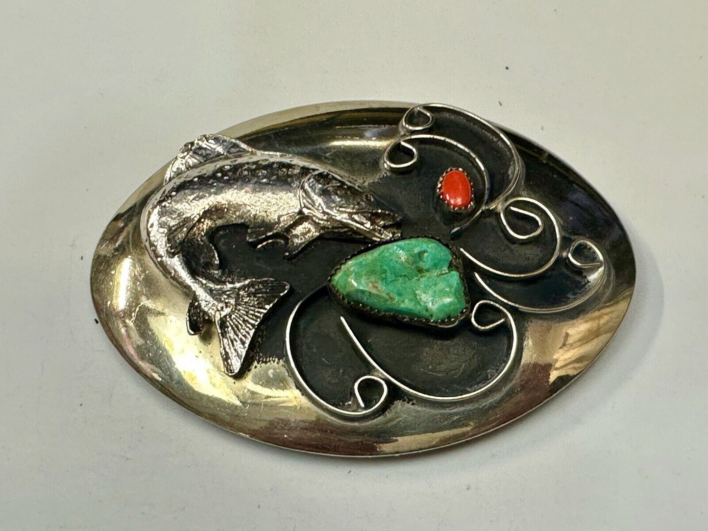 Bass Fish - Turquoise & Coral accented Native American Indian Style Belt Buckle