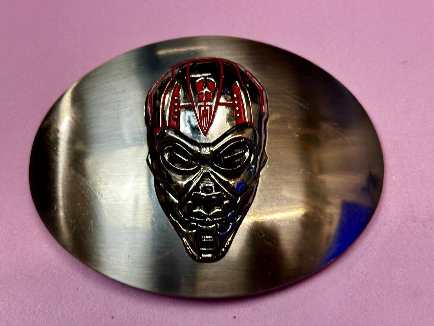 Terminator Skull Head Gothic Vibe Silver Tone Biker HUGE oval Belt Buckle