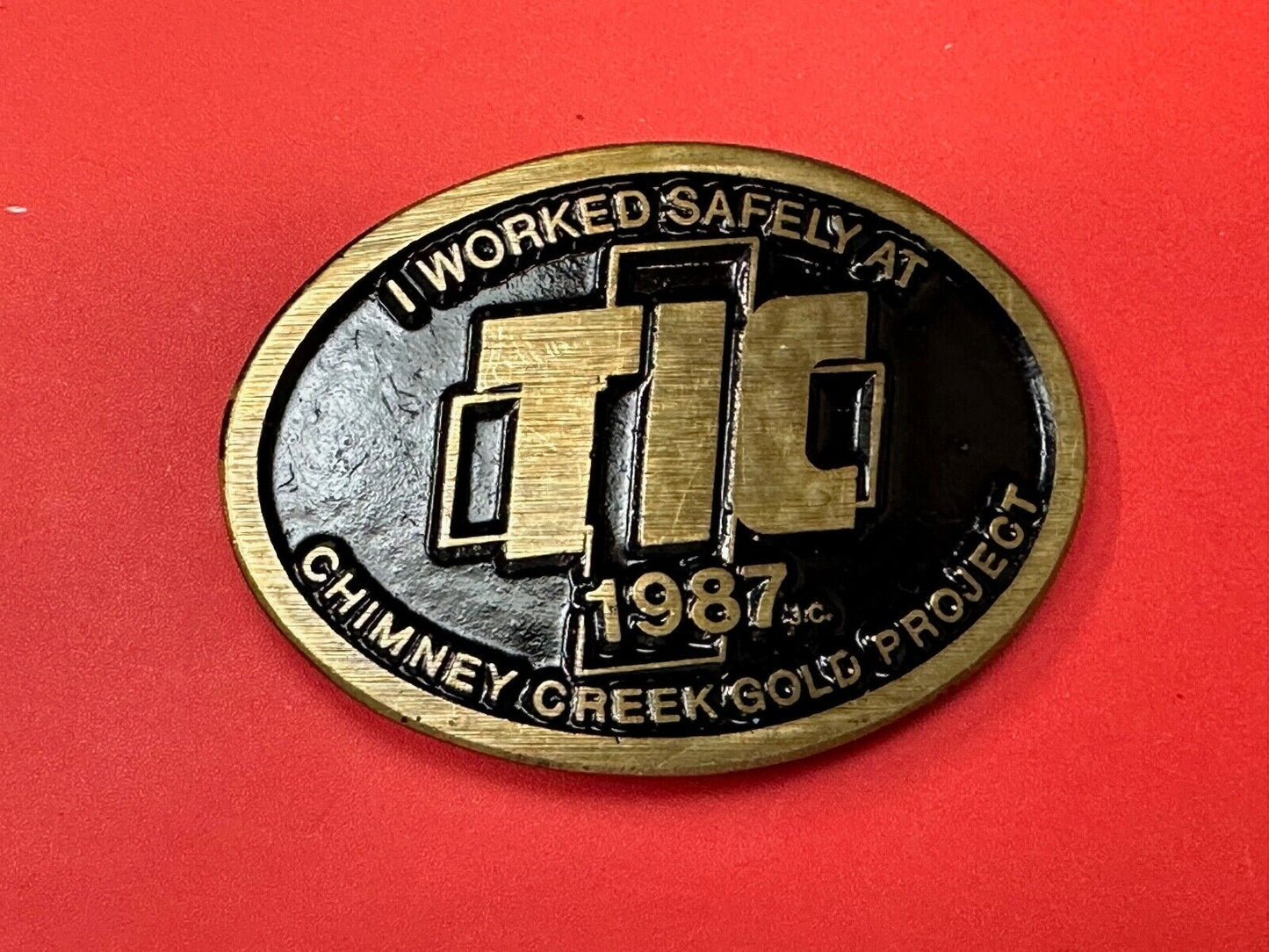 Vintage 1987 TIC Chimney Creek Gold Project Safety award brass belt buckle