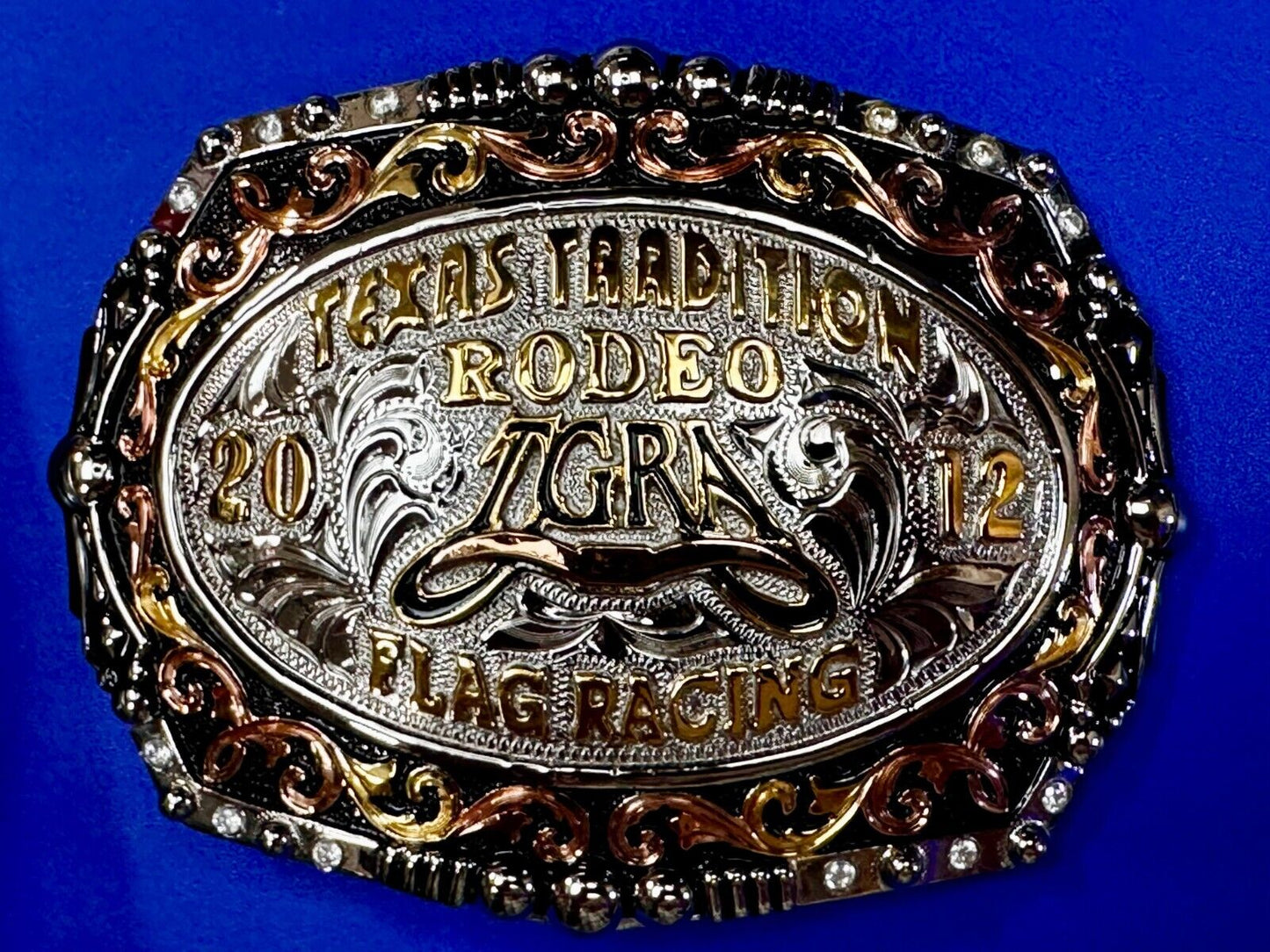 TGRA Texas Tradition Rodeo Flag Racing 2012 Trophy Award Belt Buckle Lone Star