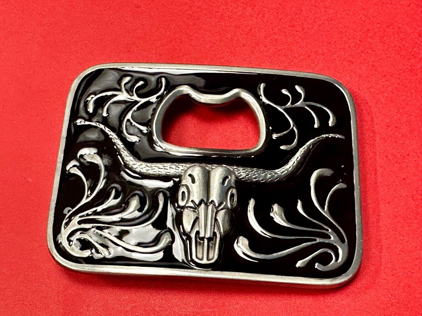 Texas longhorn - black and silver color belt buckle bottle opener