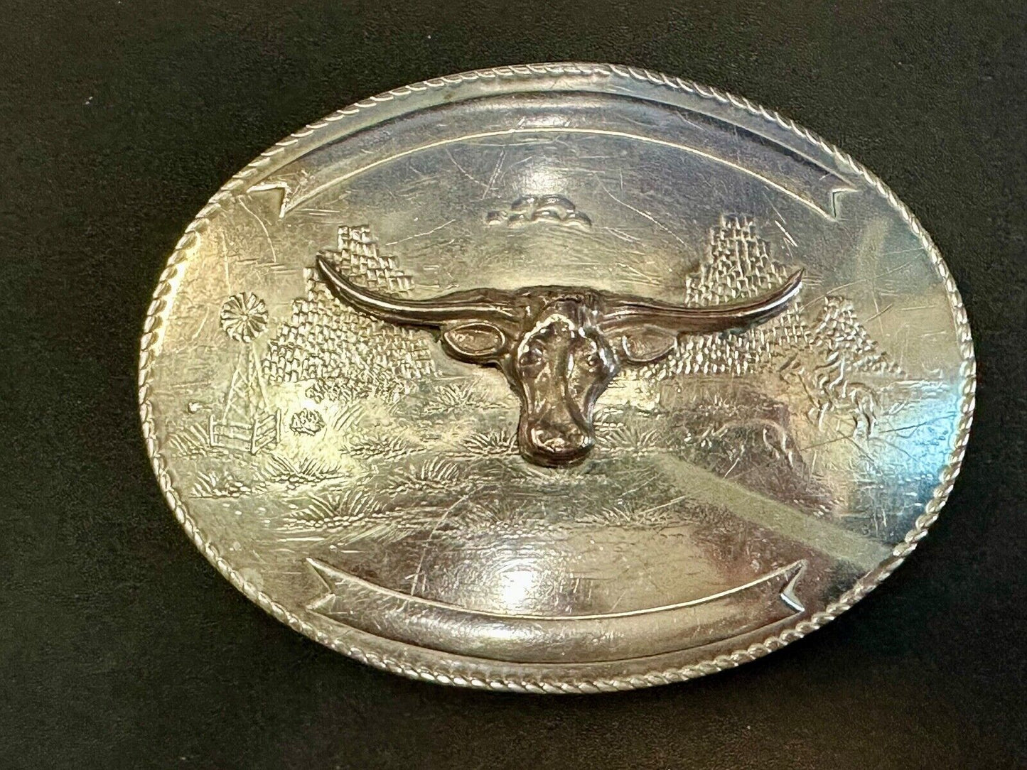 Texas longhorn - Vintage Artisan? two tone engraved award ribbon Belt Buckle