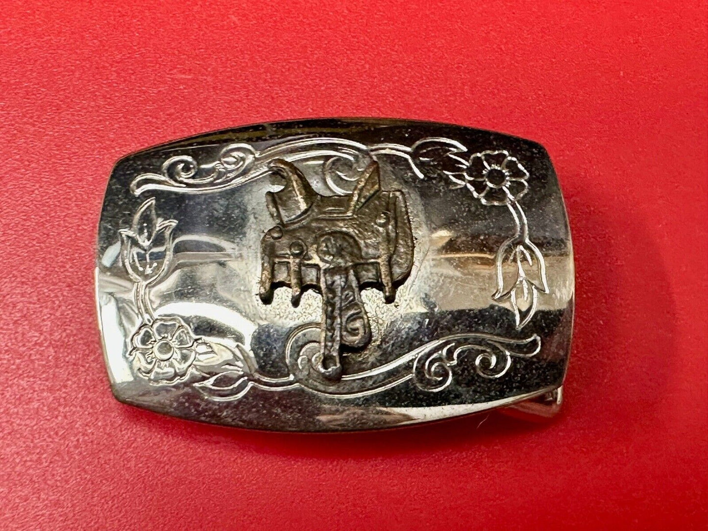 Vintage Cowboy Horse Saddle western two tone belt buckle