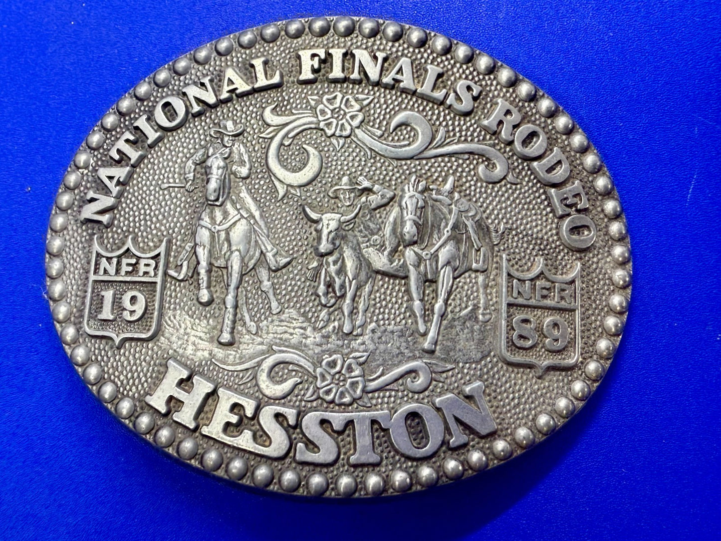 1989 Hesston NFR National Finals Rodeo Award Design Medals Vintage Belt Buckle