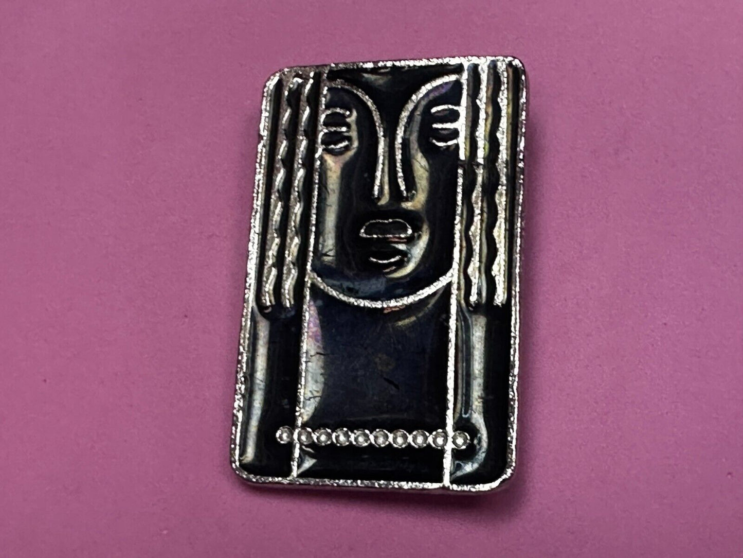 Art Deco Revival Brooch Pendant Pin Signed Ritz - Black Enamel Pewter Face