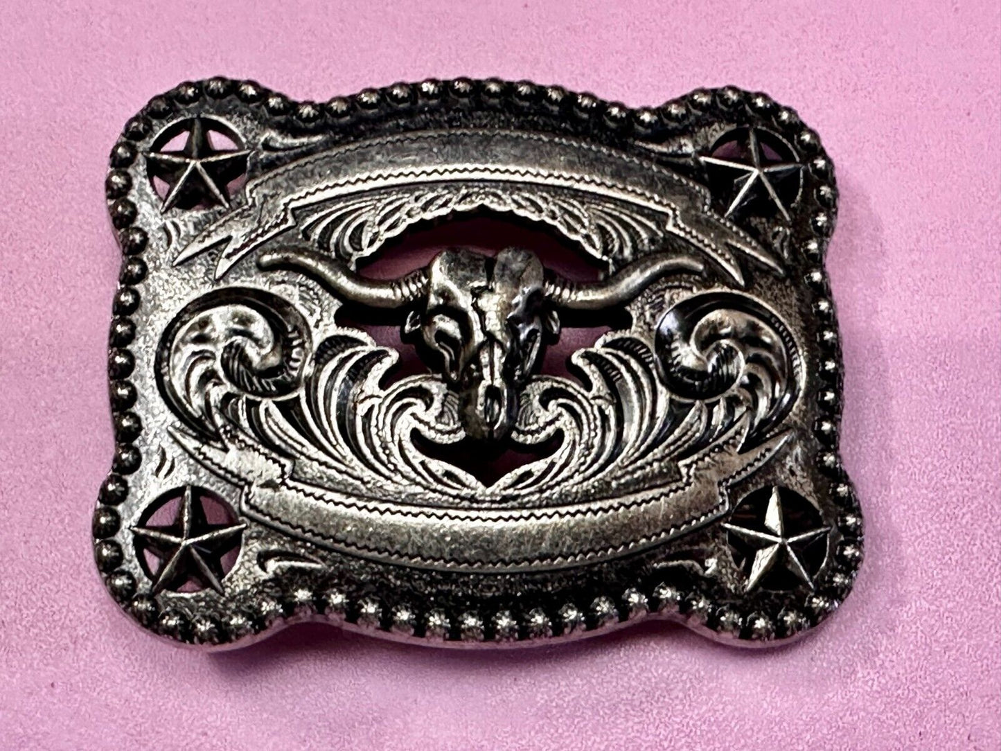 Texas Longhorn Steer / Corner Stars - Engravable Blank Award Scroll Belt Buckle