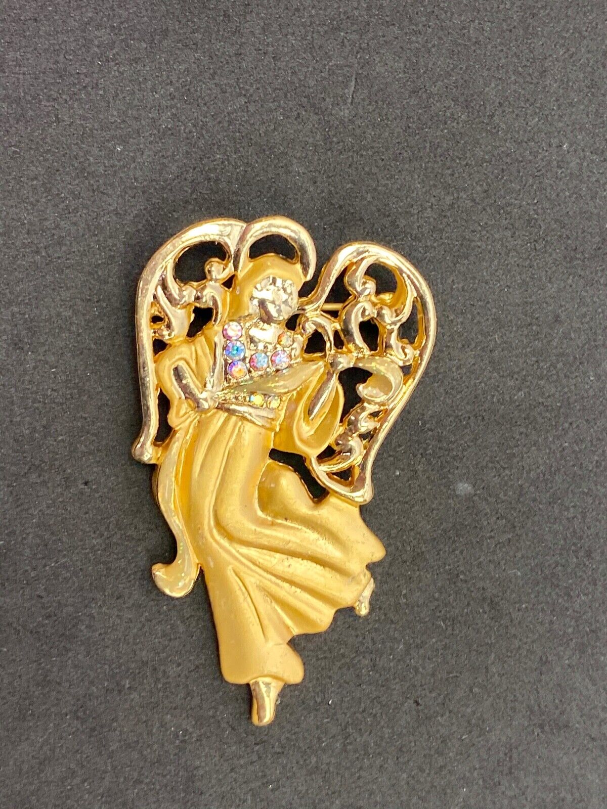 Vintage Angel Brooch Pin Gold Tone Rhinestones Signed AAI