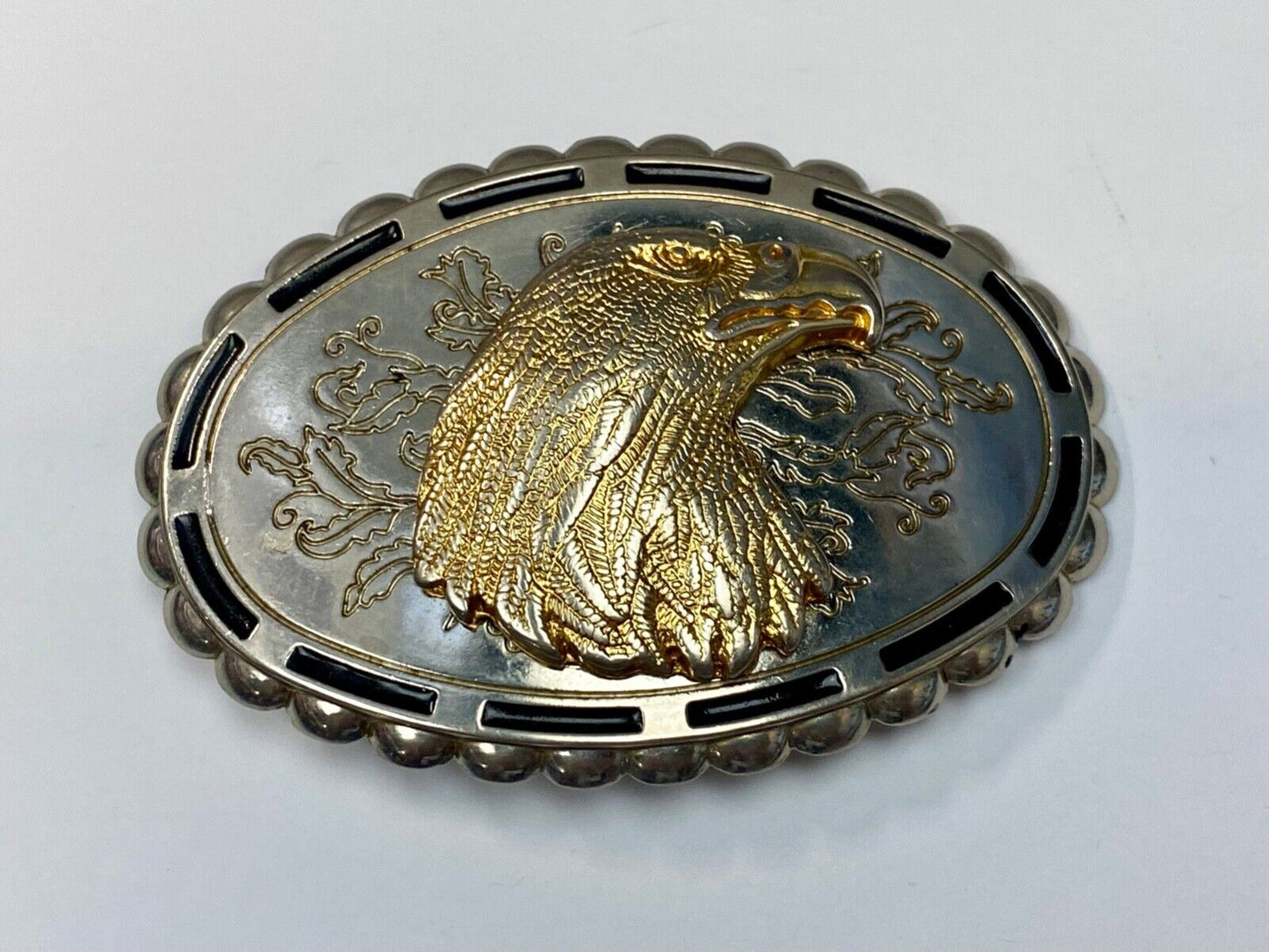 Bald Eagle head Patriotic western oval black accented boarder belt buckle
