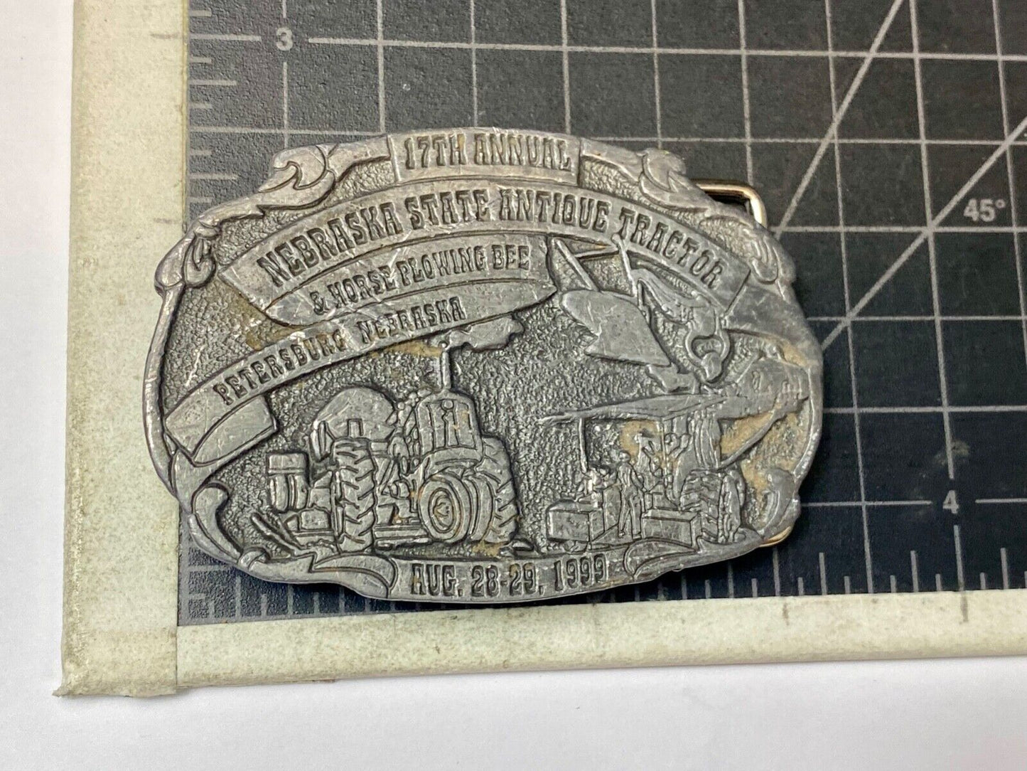 Vintage 1999 Nebraska State Antique Tractor and Horse Plowing Bee belt buckle