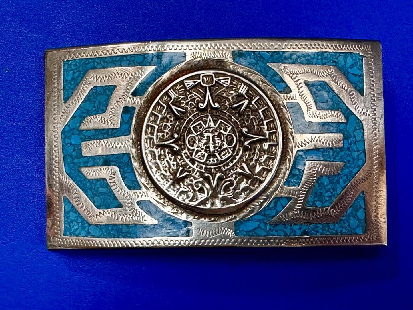 Aztec Mayan Calendar Sun Turquoise Inlay Southwestern Vintage Belt Buckle