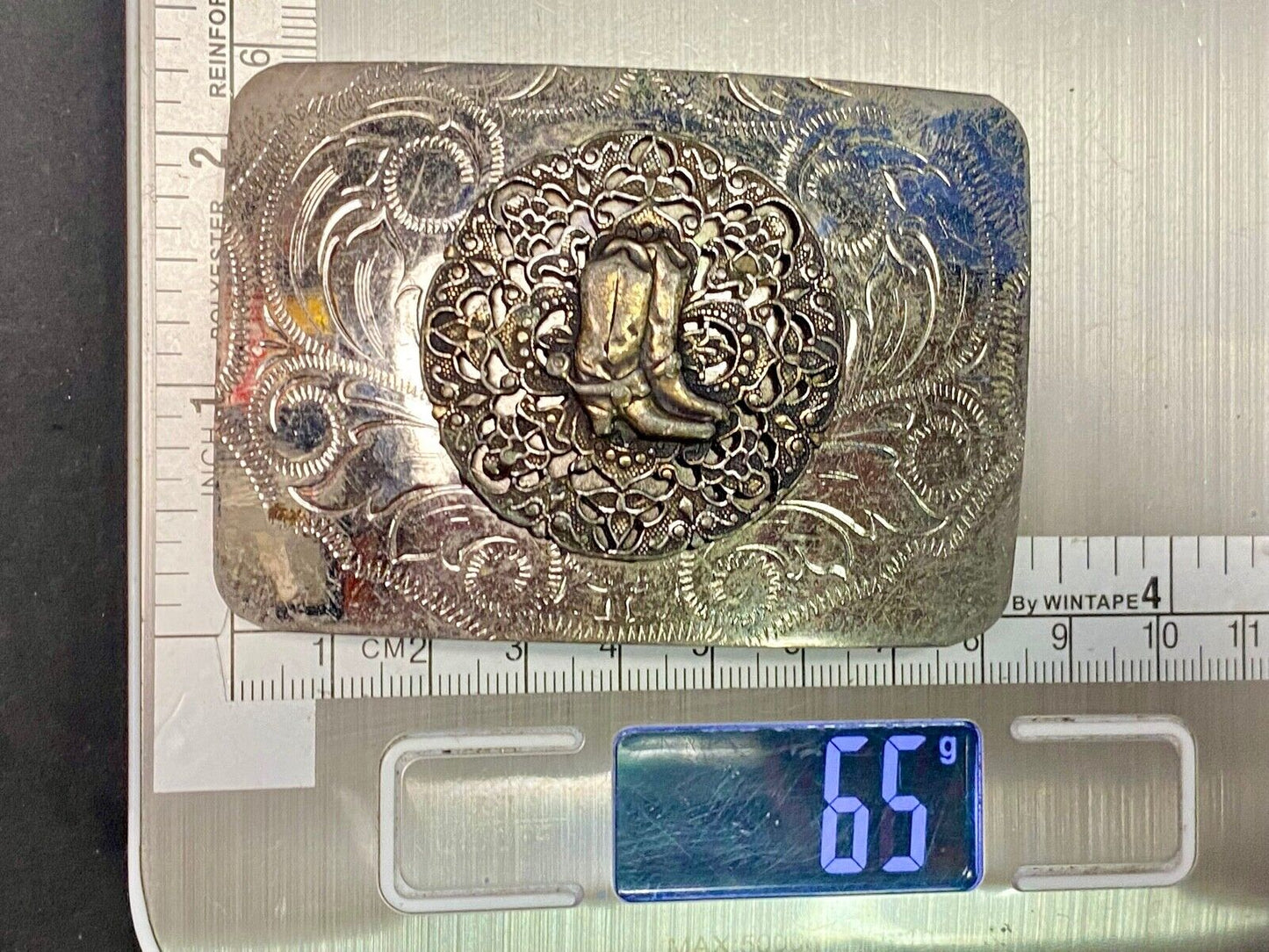 Beautiful Ornate Cowboy Boots W/ Spurs Western Vintage Flower Swirl Belt Buckle