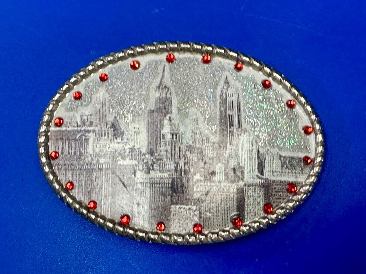 Vintage City Scape Picture Red Rhinestone Accented Oval Belt Buckle