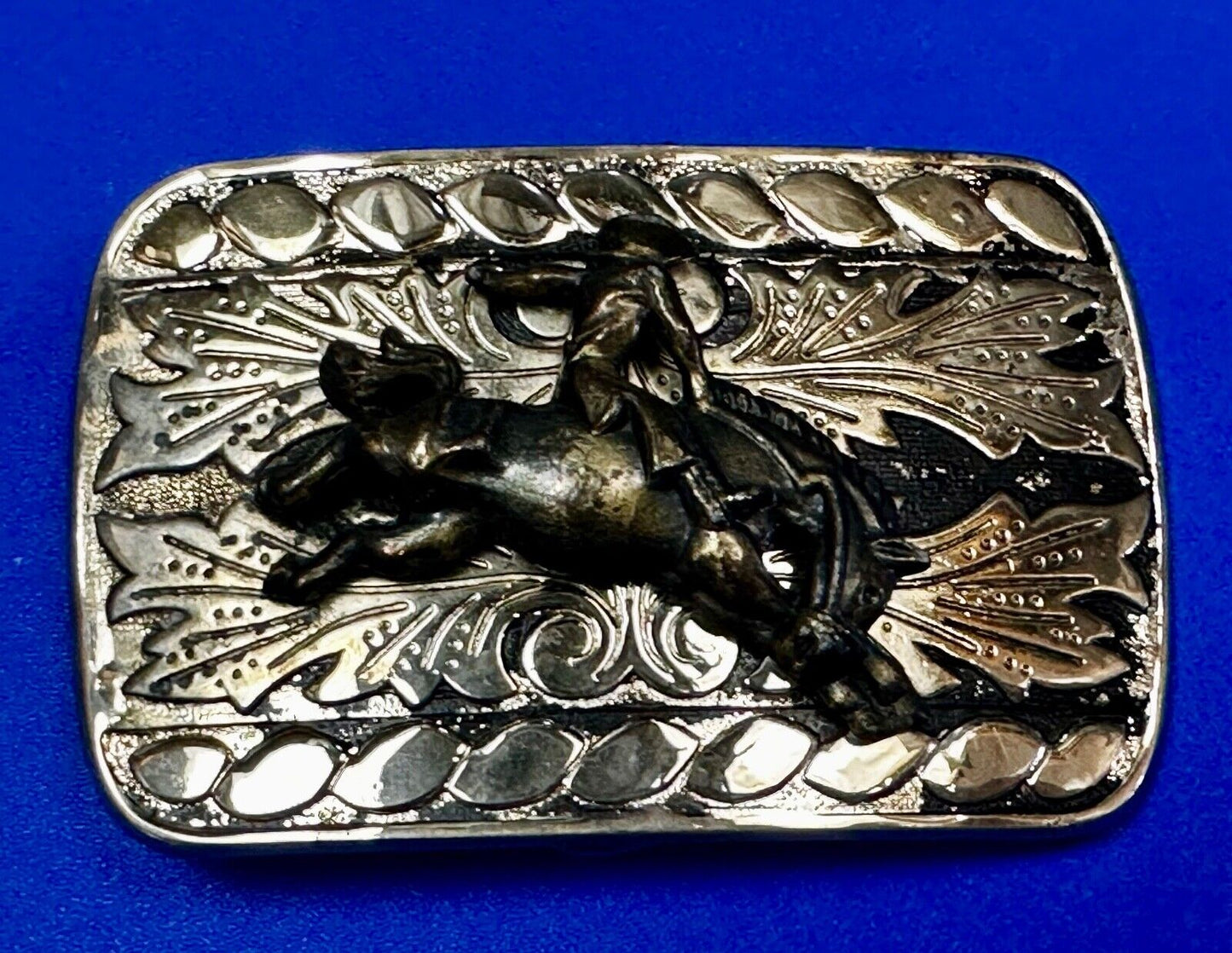 Vintage Cowboy on bucking bull bronc western two tone belt buckle