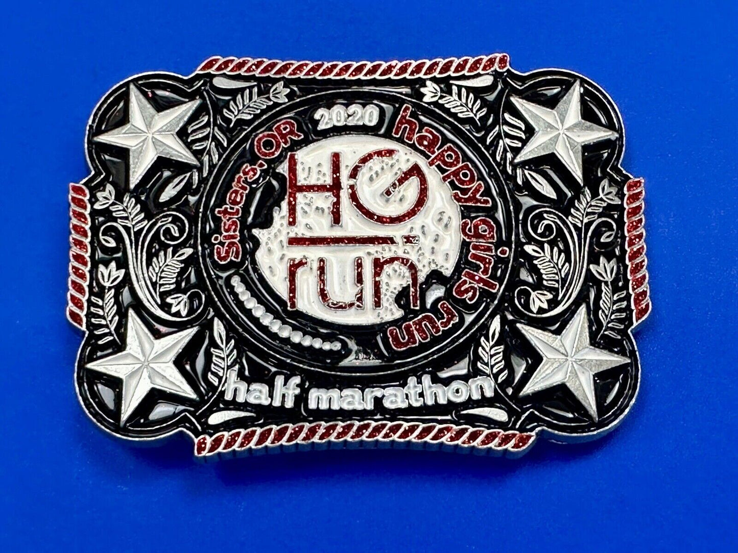 2020 Happy Girls Run HGR marathon silver tone stars in corner belt buckle