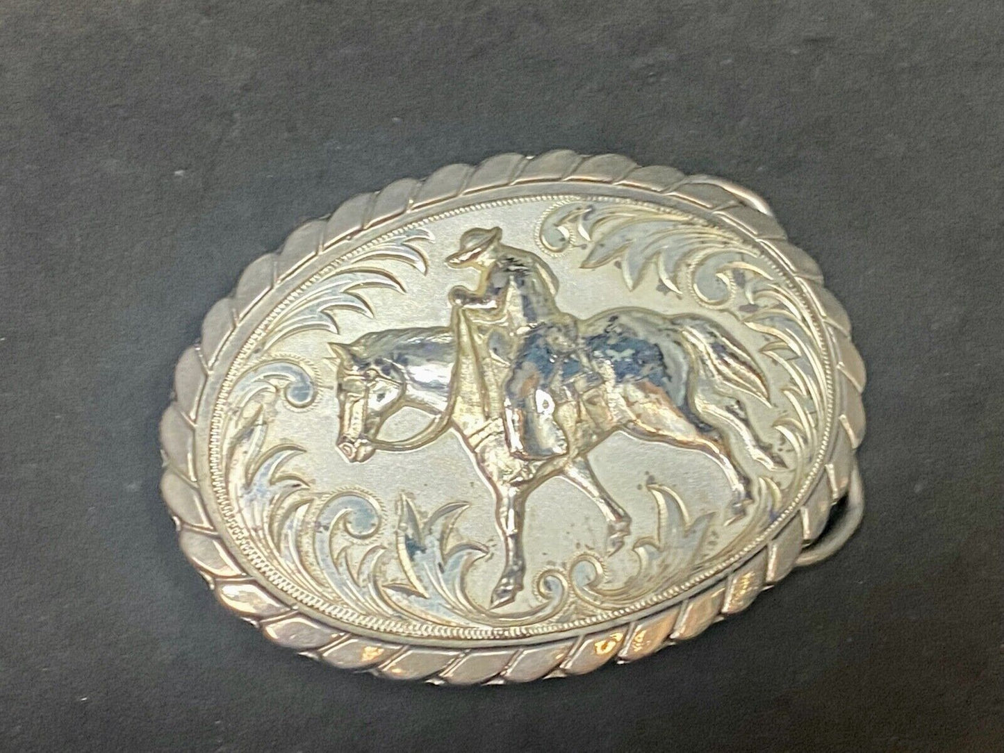 Vintage Cowboy Man Riding Horse Horseback Oval Western Style Belt Buckle