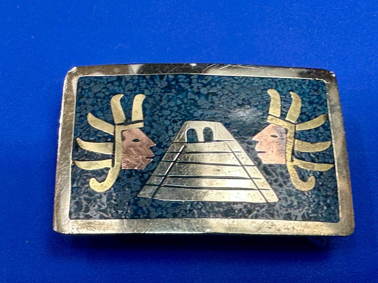 Aztec Mayan Temple Pyramid Figures Vintage Inlay belt buckle made in Mexico