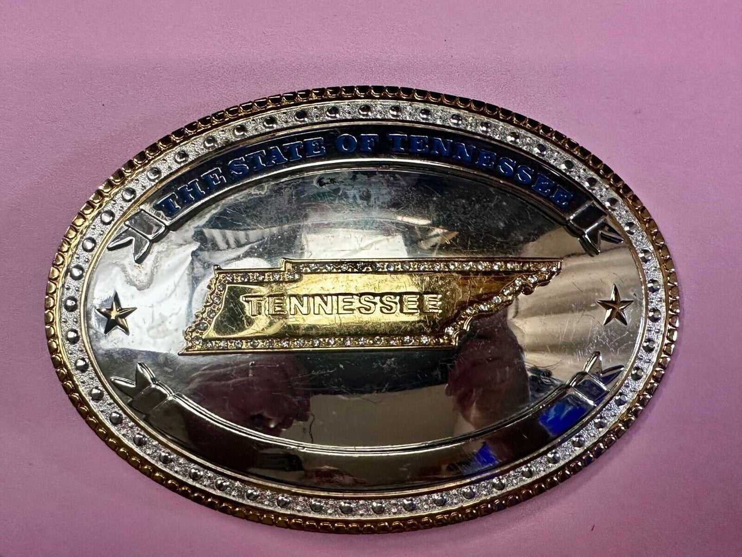 The State of Tennessee with Rhinestone Accents Two Tone Large Belt Buckle by ATI