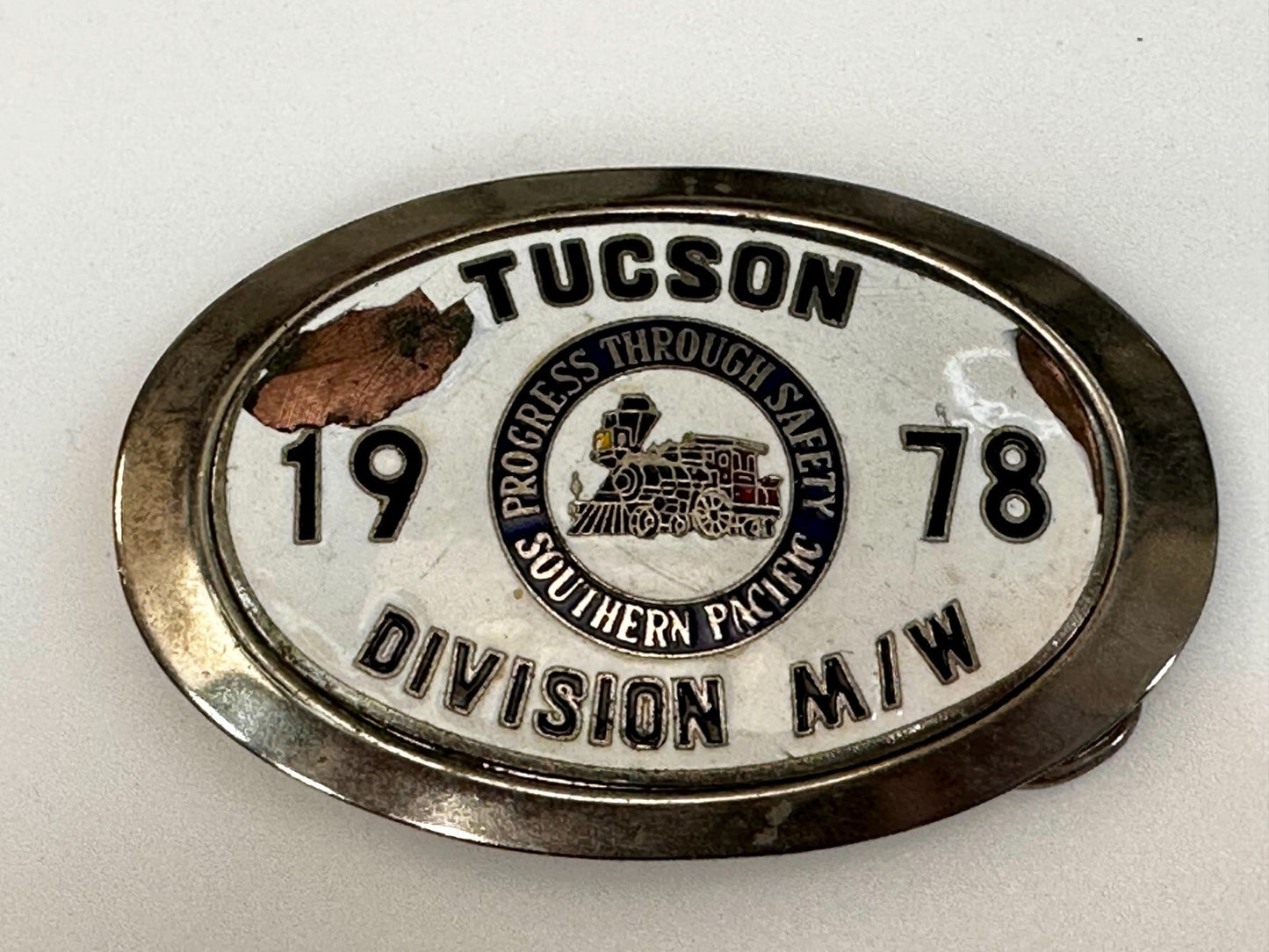 1978 Southern Pacific Tucson Division Railroad Safety Silver Tone Belt Buckle