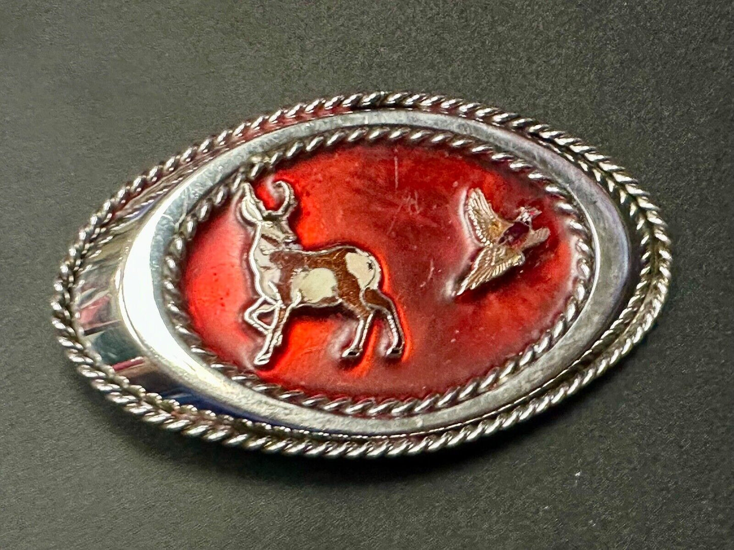 Vintage Artisan Hunters Deer and Quail oval western belt buckle