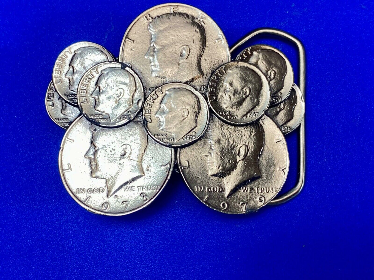 Vintage Coin Collectors Cluster figural 1979 Liberty JFK dimes belt buckle