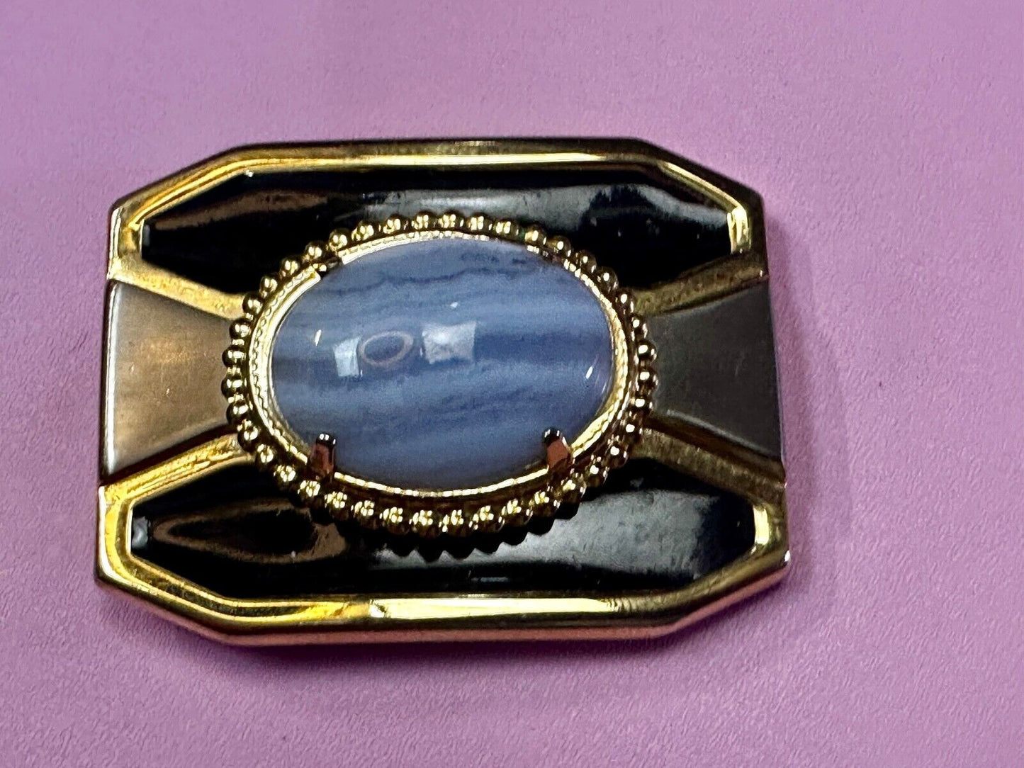 Vintage Blue Lace Agate Cabochon Cab Stone Centerpiece on Western Belt Buckle
