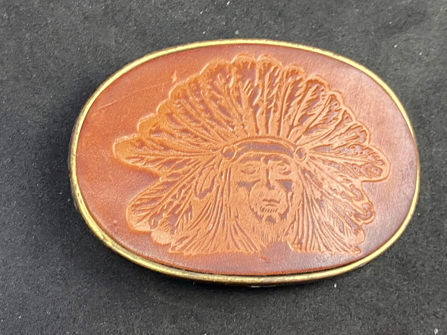 Beautiful Native American Indian Headdress bust on leather belt buckle