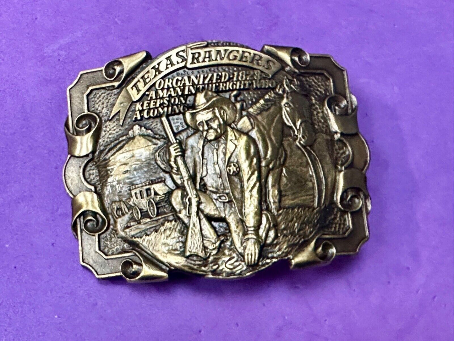 Texas Rangers Organized 1828 A man in the right who keeps on coming Belt Buckle