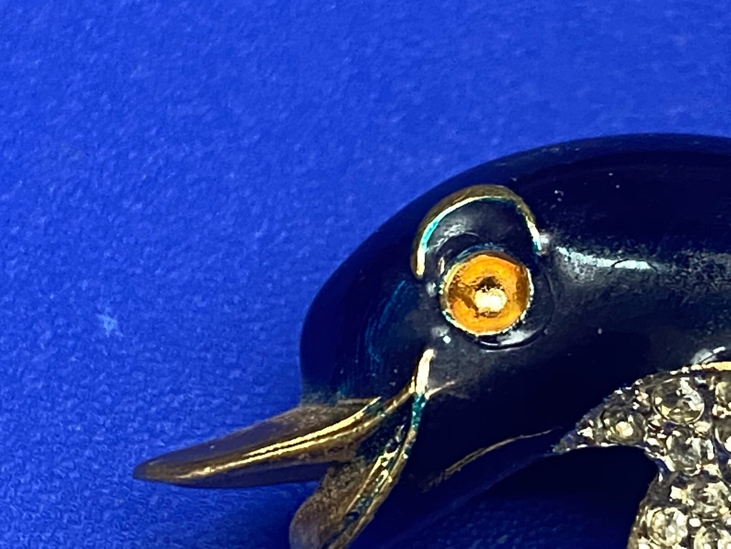 Black Curved Dolphin Enameled with Rhinestone Accents Vintage Brooch Pin