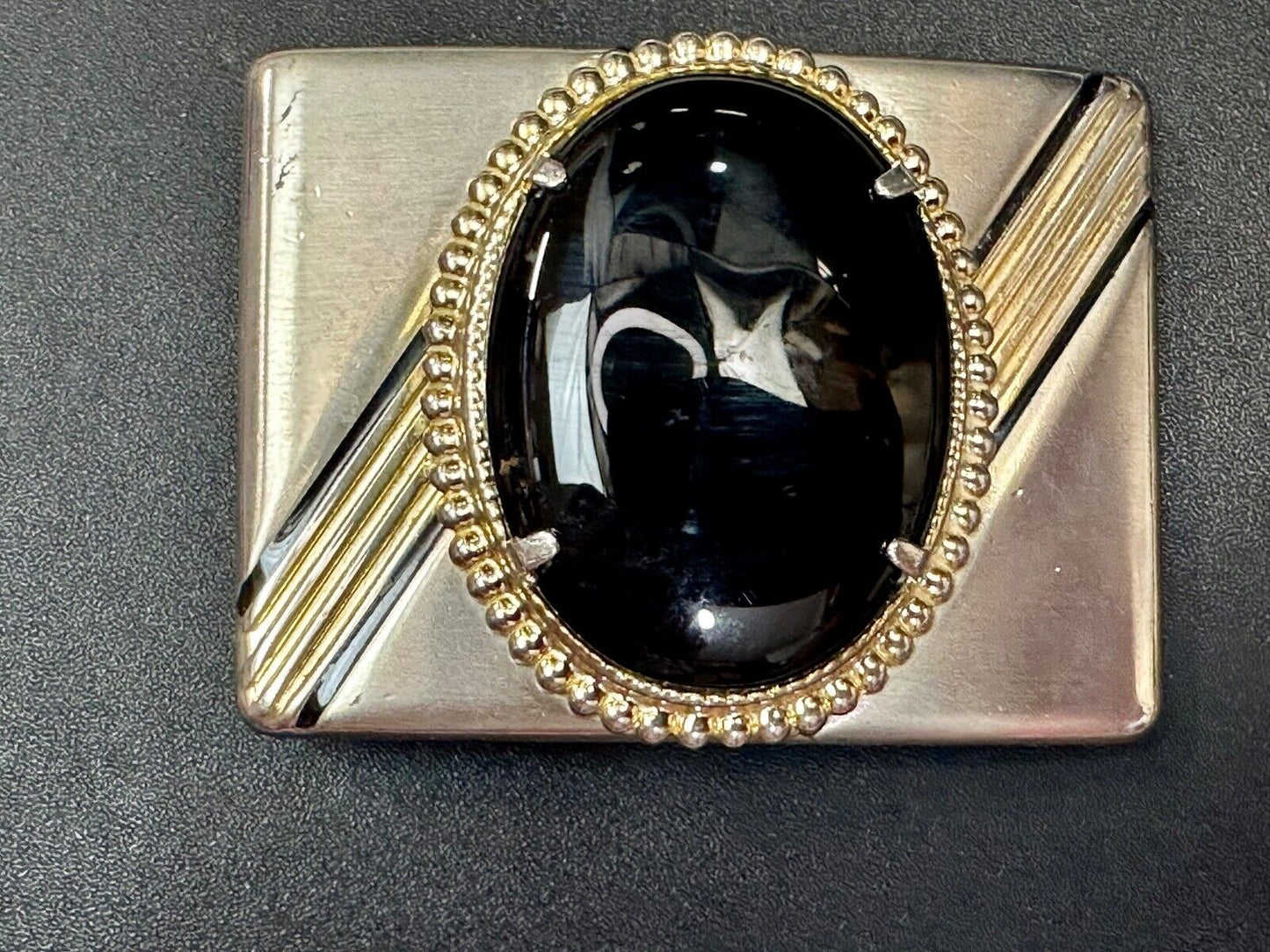 BALCK AGATE Cabochon Stone Centerpiece on retro sideways striped Belt Buckle