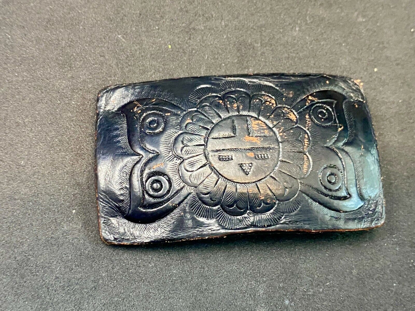 Vintage Black Leather Flower Pattern Belt Buckle