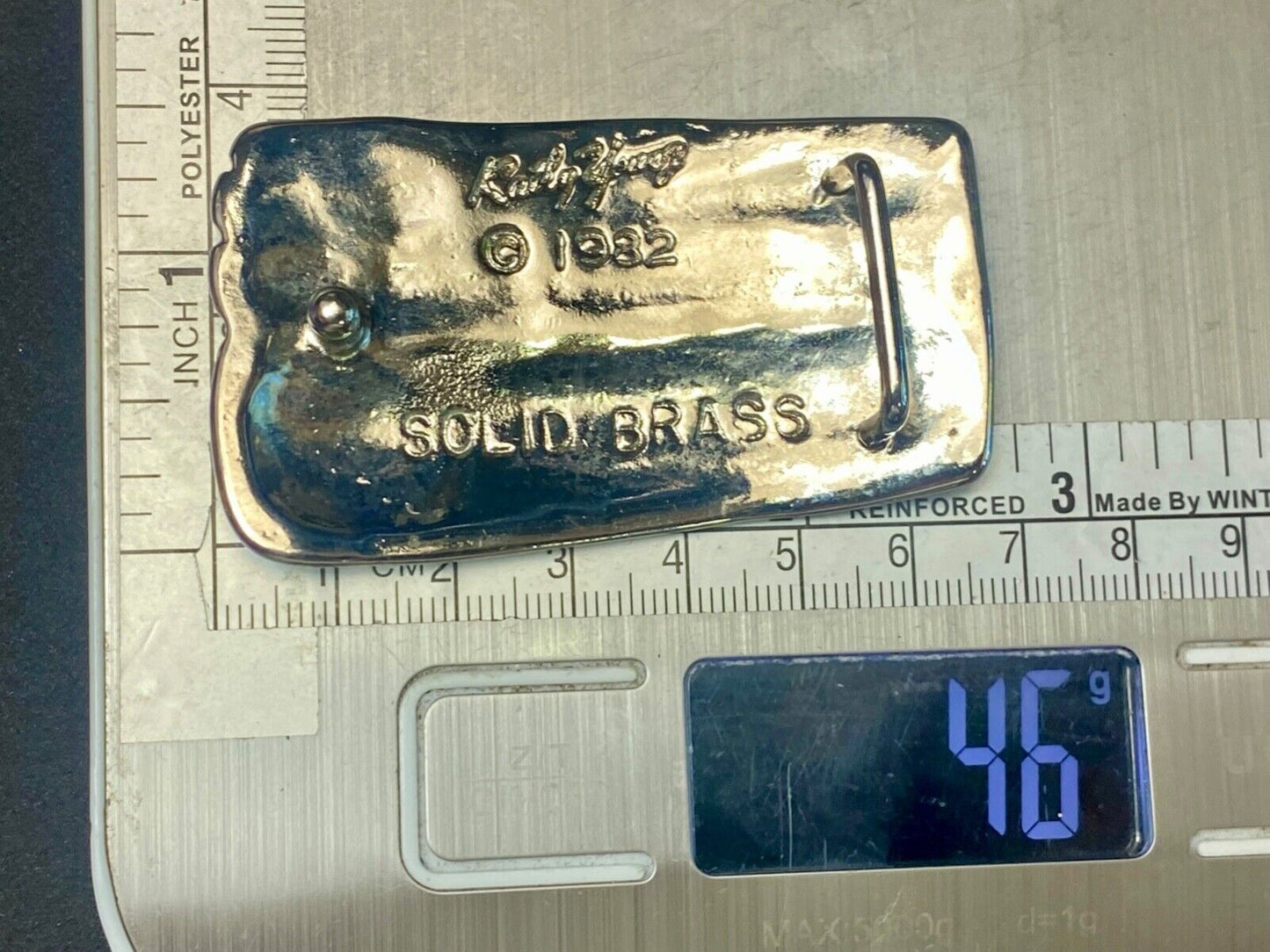 1982 Kathy young signed solid brass chrome color abstract art belt buckle