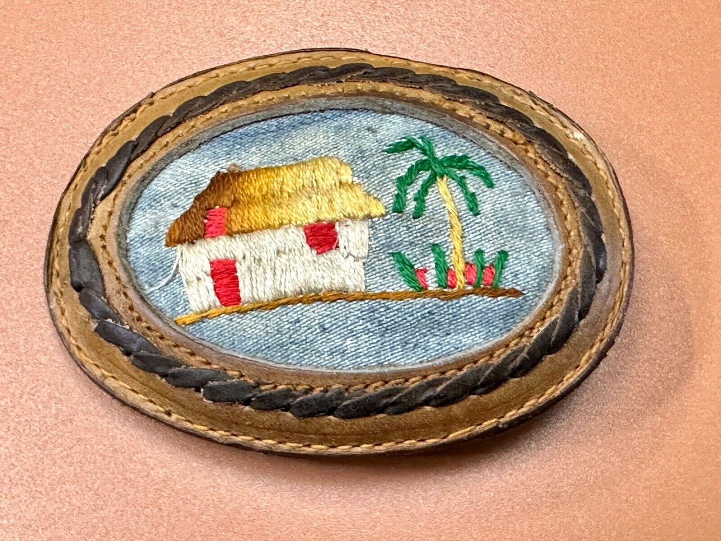 tropical vacation beach scene - QUALITY mixed leather oval belt buckle