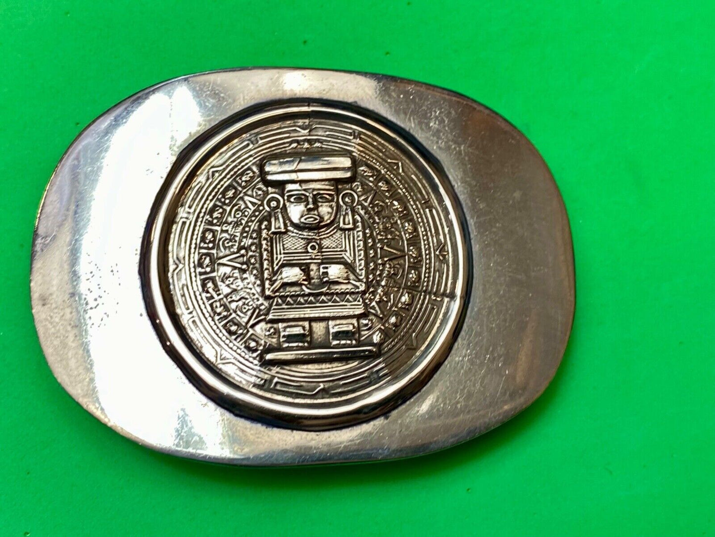 Aztec Calendar Person Figure silver tone? Belt Buckle Mayan Indian