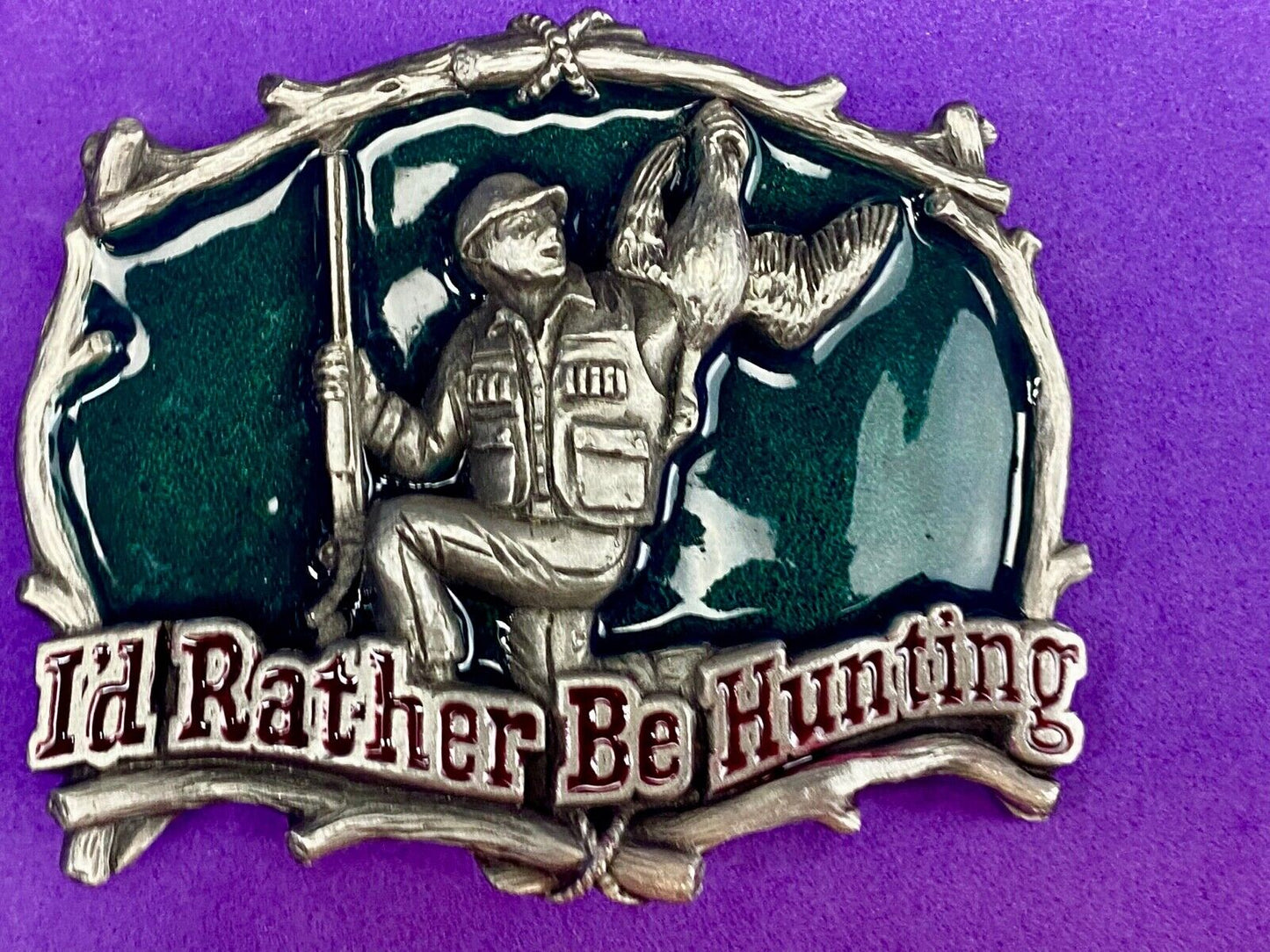 Vintage 1994 Great American USA Belt Buckle ~~ I'd Rather Be Hunting Quail gun