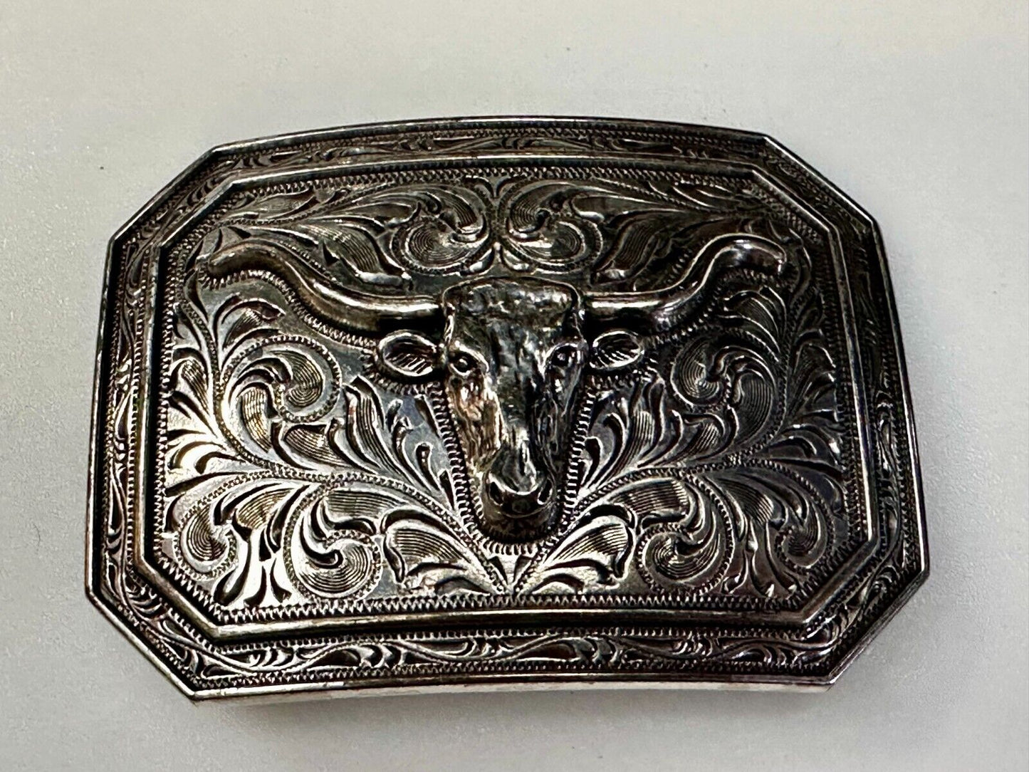 Texas Longhorn Cow Head Steer Ornate Silver Color Western Cowboy Belt Buckle