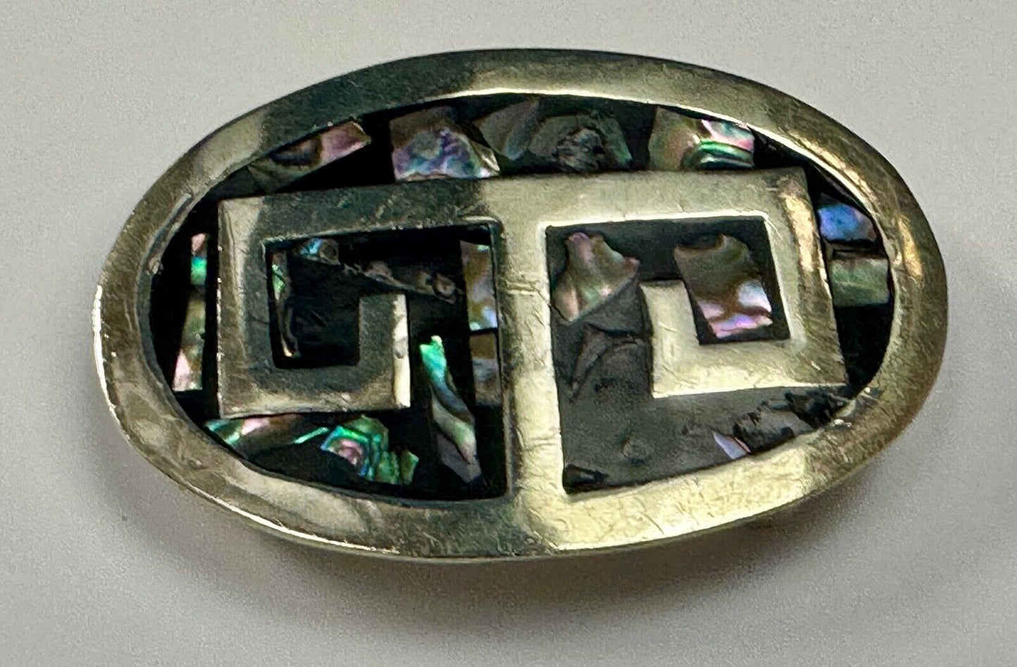 Vintage Alpaca Mexico Silver Tone Abalone Shell Pattern Oval belt buckle