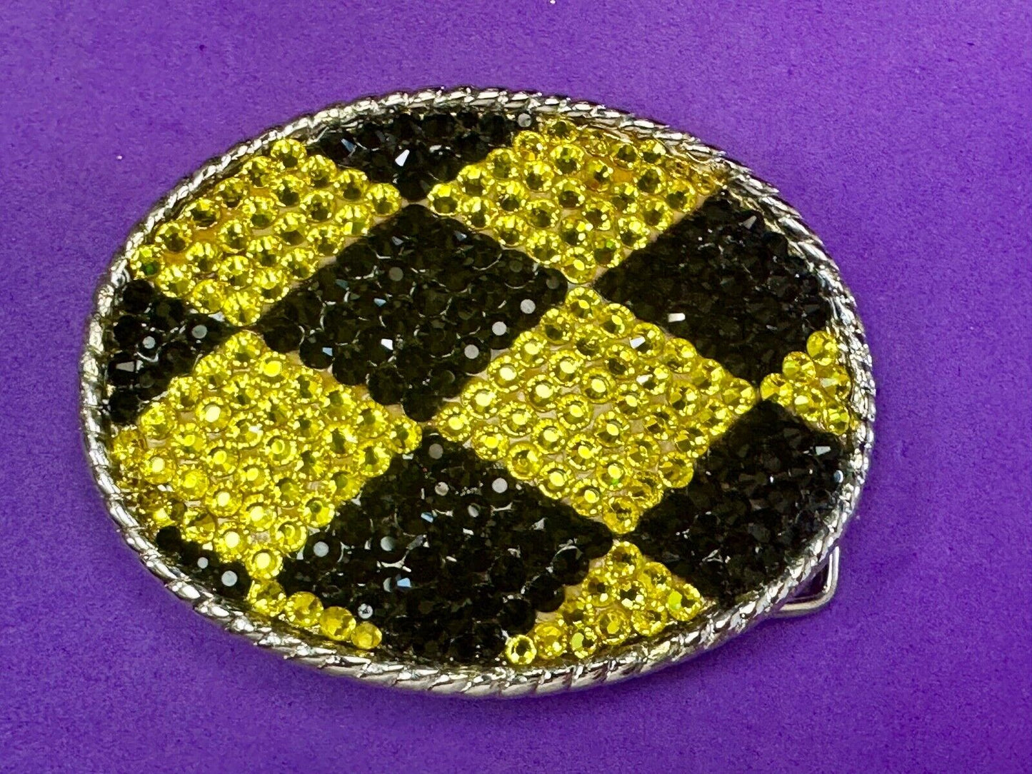 Black yellow rhinestone Jester Diamond Checkerboard pattern 3.5" belt buckle