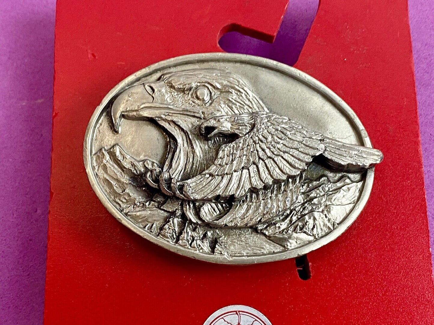big cabin eagle head bust over mountains nature belt buckle on card