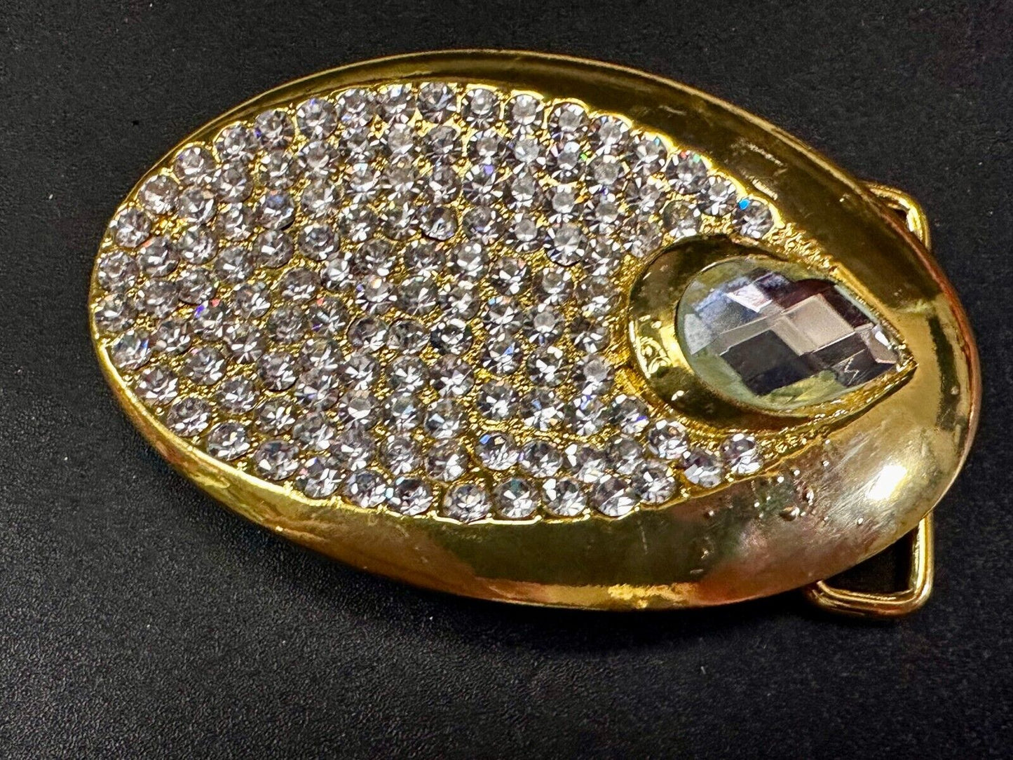 Beautiful Stylish Clear Rhinestone Covered Gold Tone Designer Oval Belt Buckle