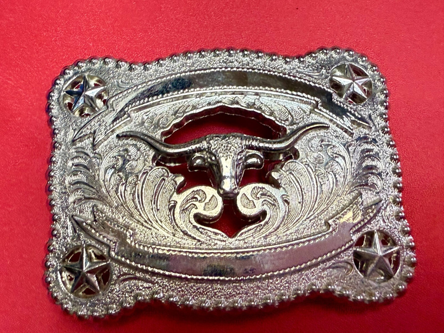 Texas Longhorn Cutout See Through Silver Tone Belt Buckle W/ Stars Award Ribbon