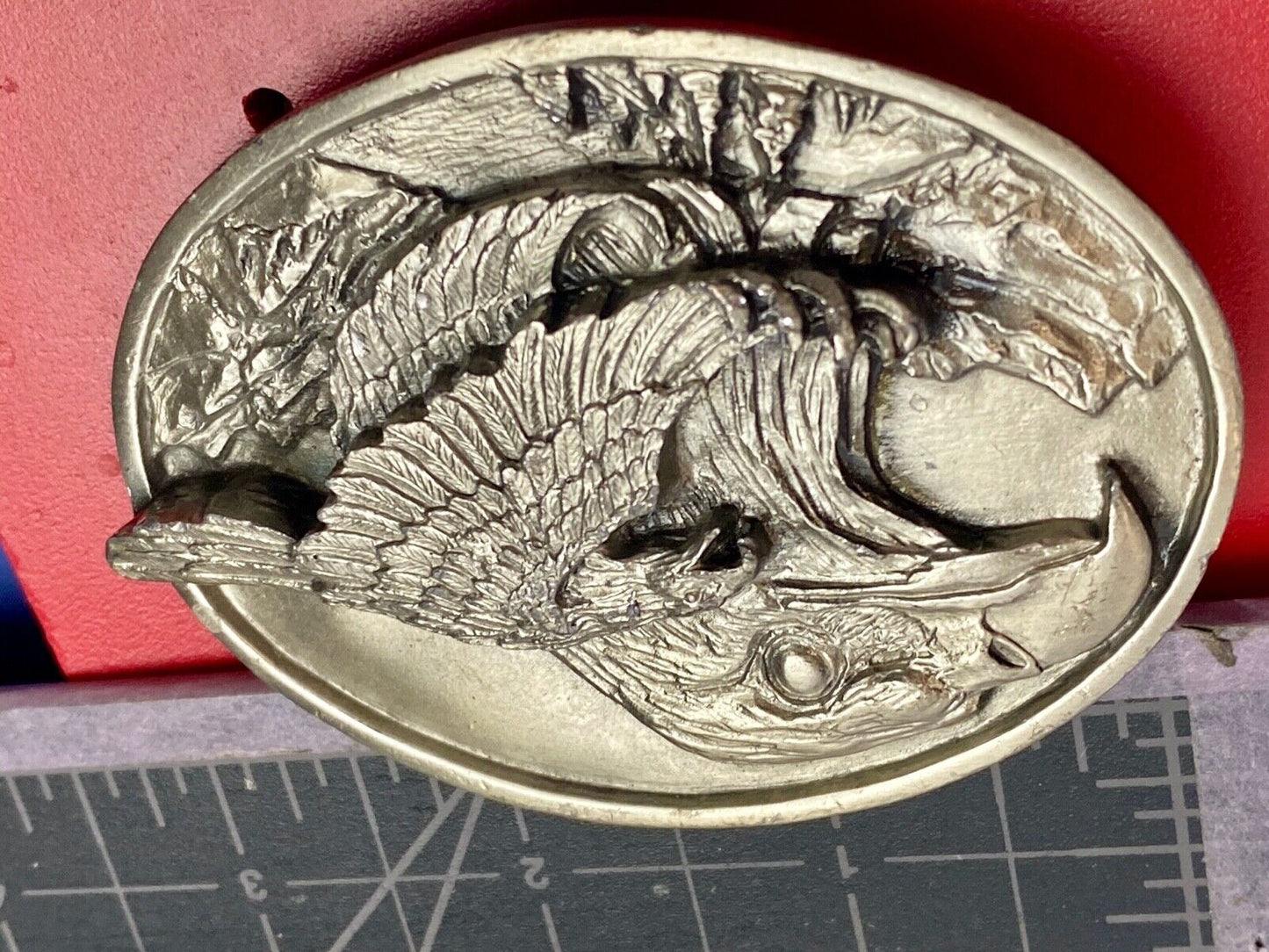 big cabin eagle head bust over mountains nature belt buckle on card