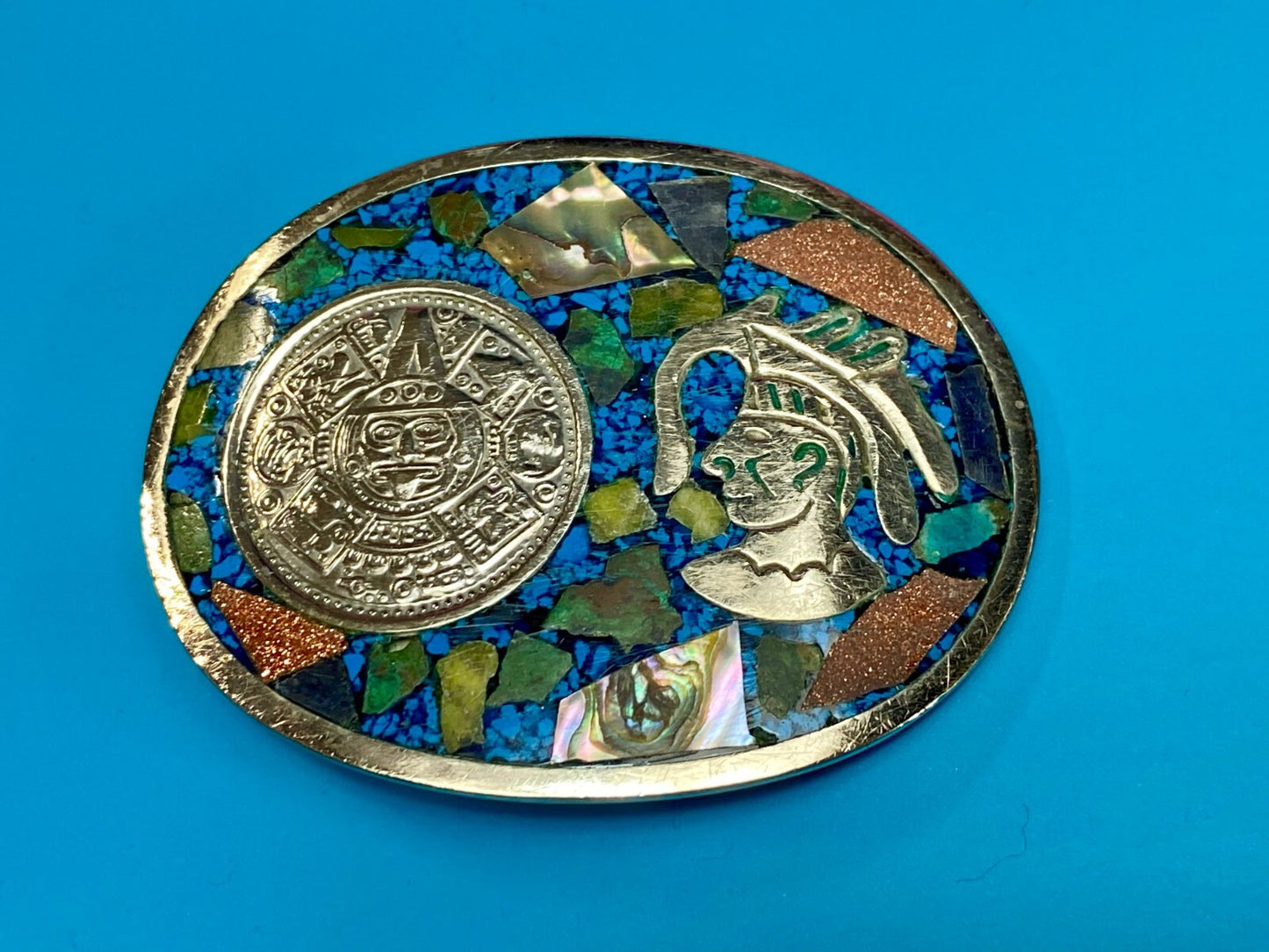 Aztec Mayan Calendar Coin Turquoise Inlay Mexico Sterling Silver Belt Buckle