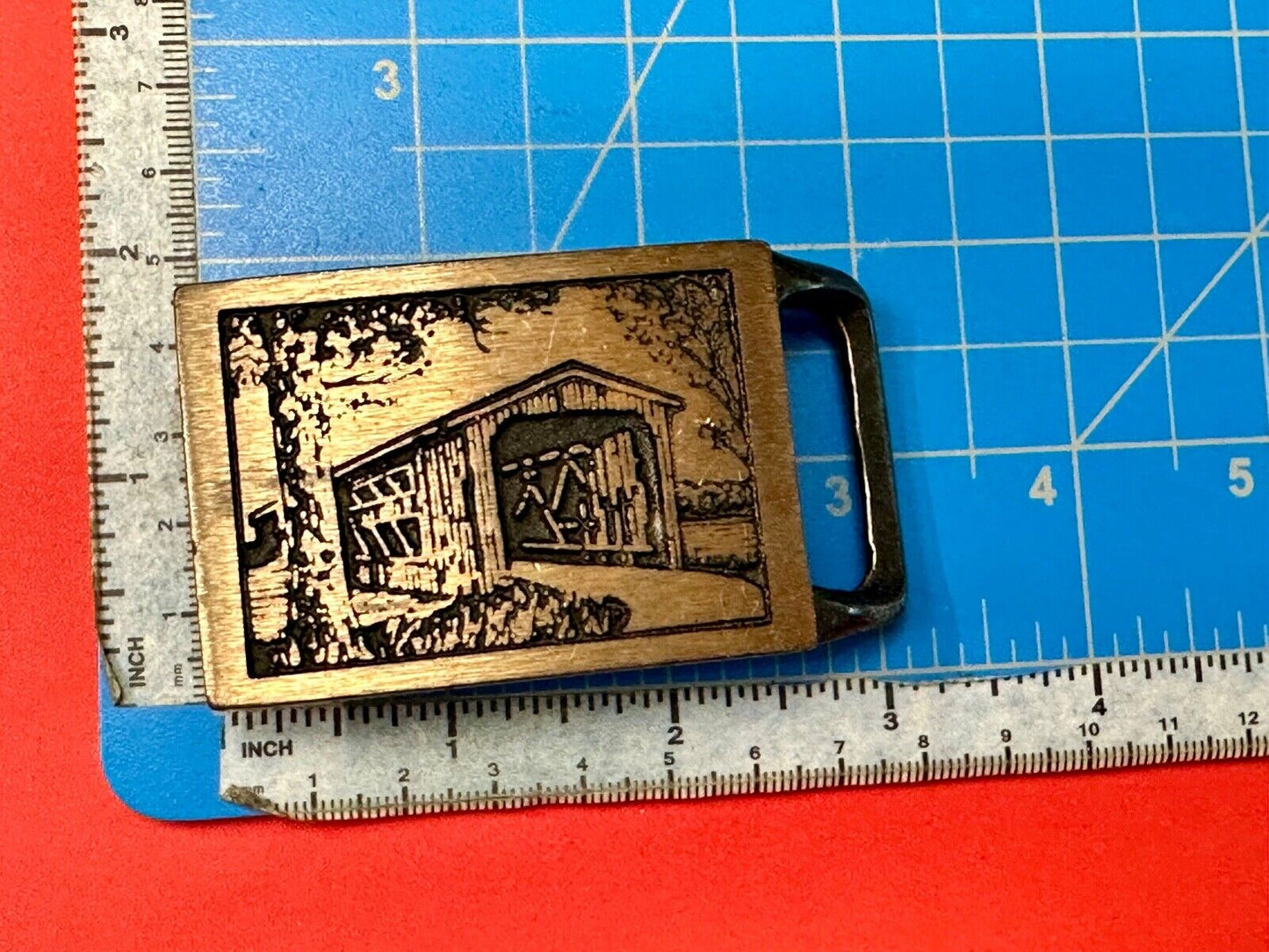 Tech Ether Guild Langley Bridge Covered Bridges Hippie Solid Brass belt buckle