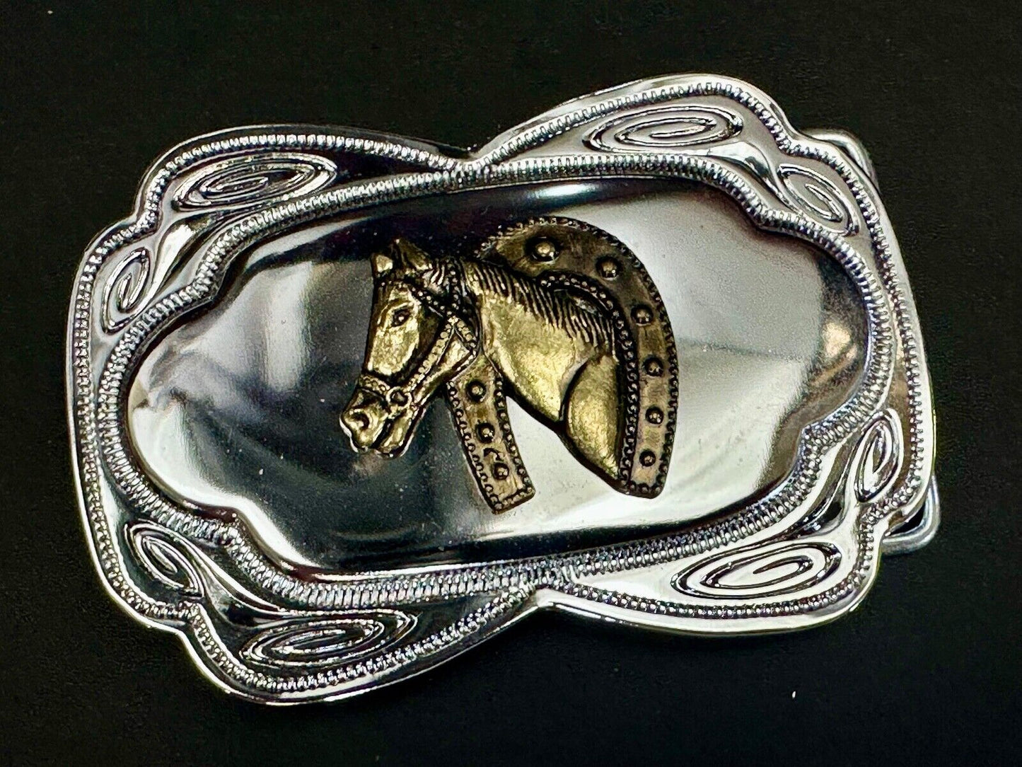 Beautiful NOS Horse head through lucky horseshoe - Two tone belt buckle