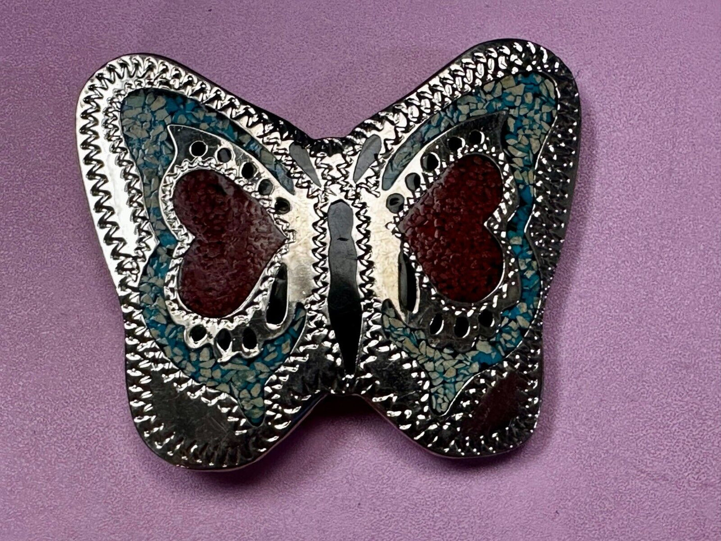 Beautiful Butterfly Figural Turquoise Coral Chips Inlay Cutout 3" Belt Buckle