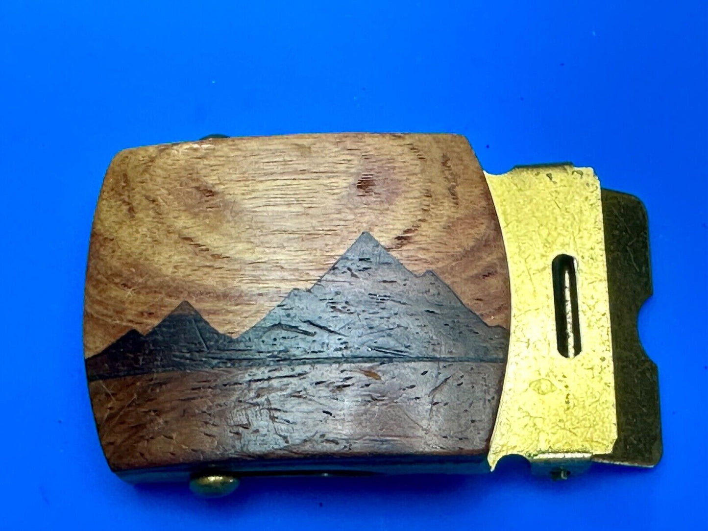 Artisan Mountain scene - Mixed Wood Top Solid Brass Ratchet Dress Belt Buckle