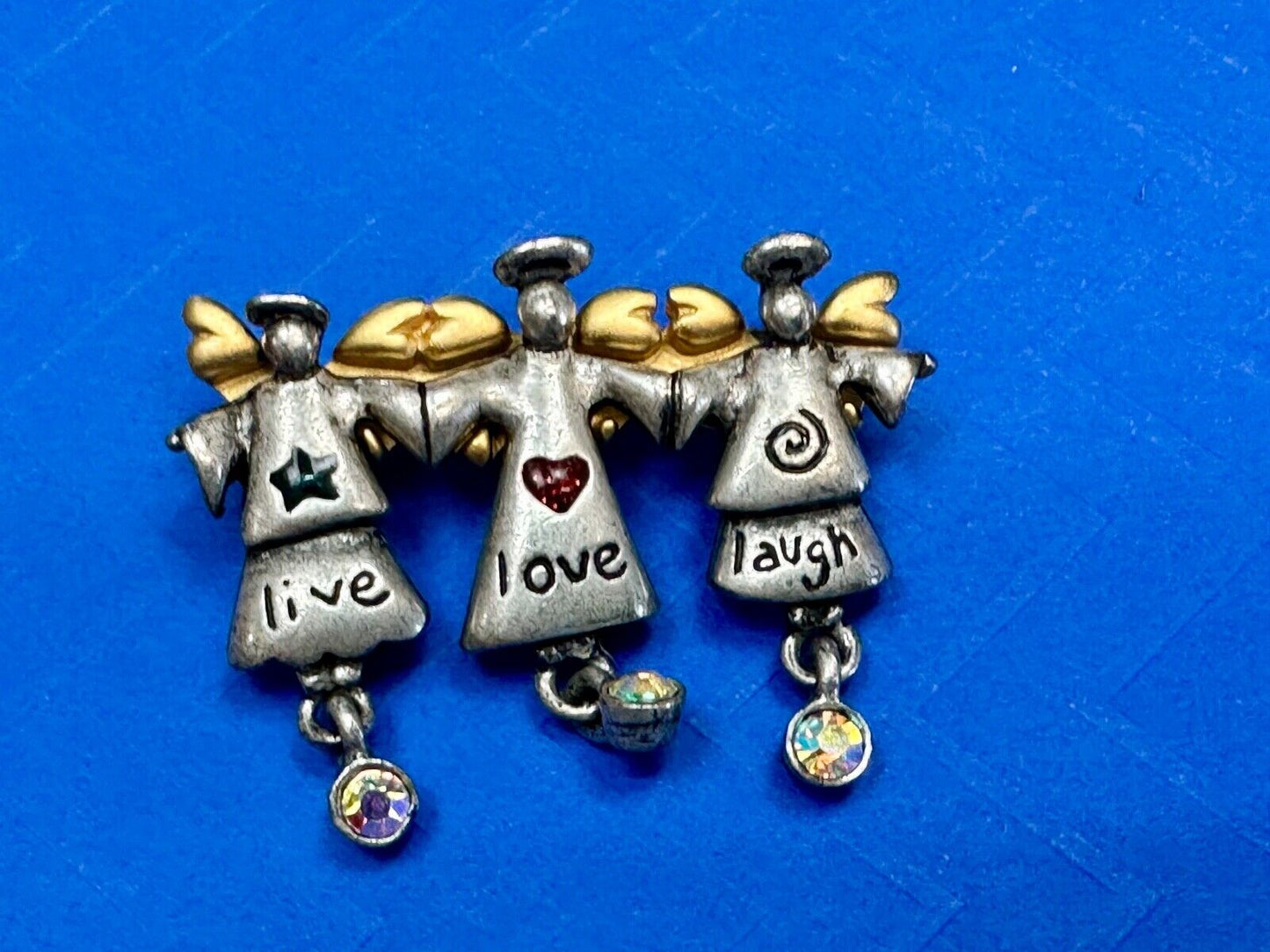 Three Angles - Live Love Laugh , Vintage Christmas Holliday Brooch by AJMC
