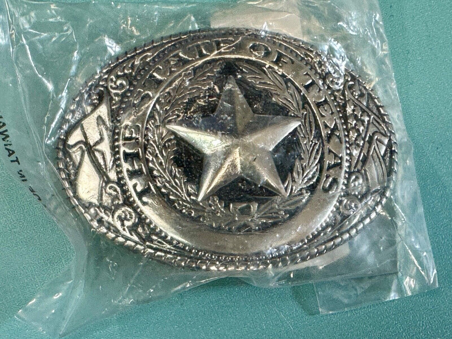 The Great State of Texas - Lone Star Flags seal silver tone NOS belt buckle