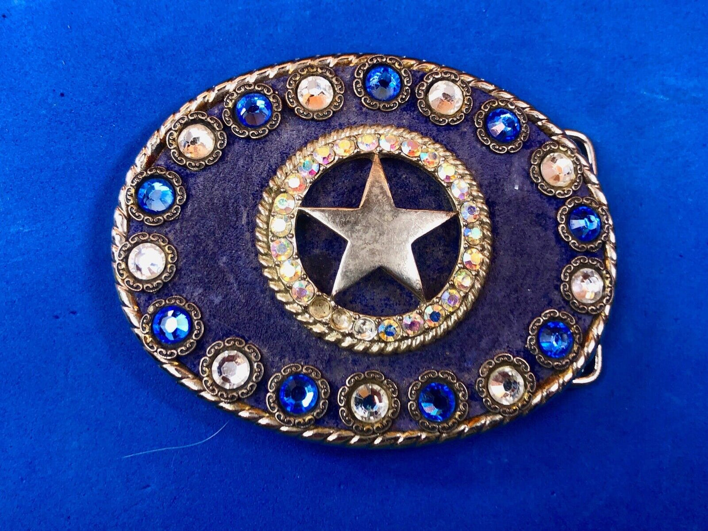 artisan multi color shades of blue star rhinestone centerpiece belt buckle