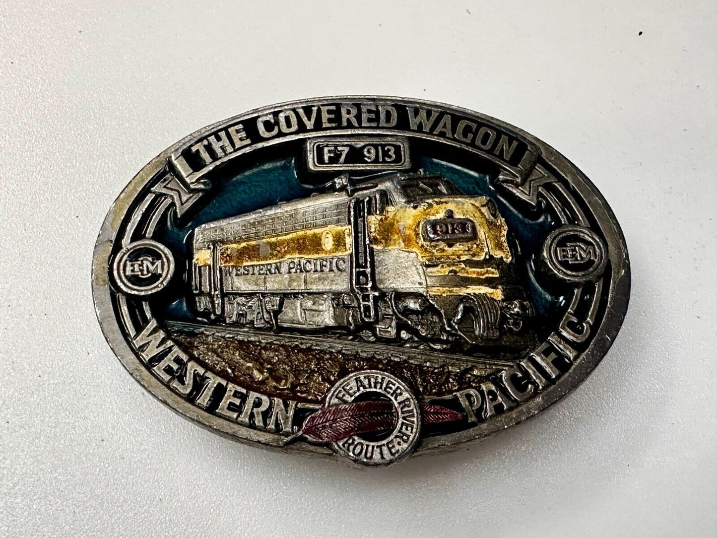 The Covered Wagon Western Pacific Train RR F7 913 EMD VTG 1986 Belt Buckle by CJ